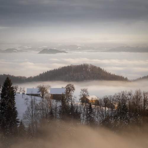 Sunset over small hill emerging from fog
