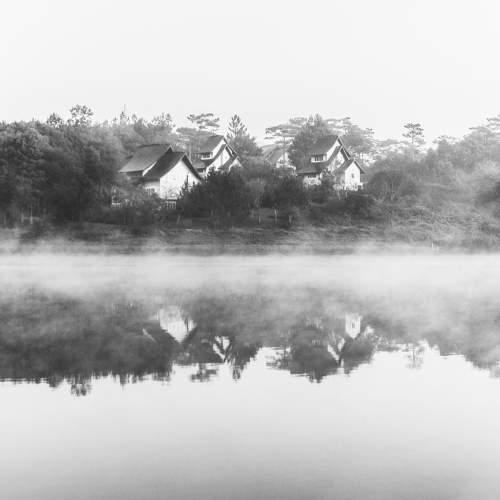 Houses in the morning mist