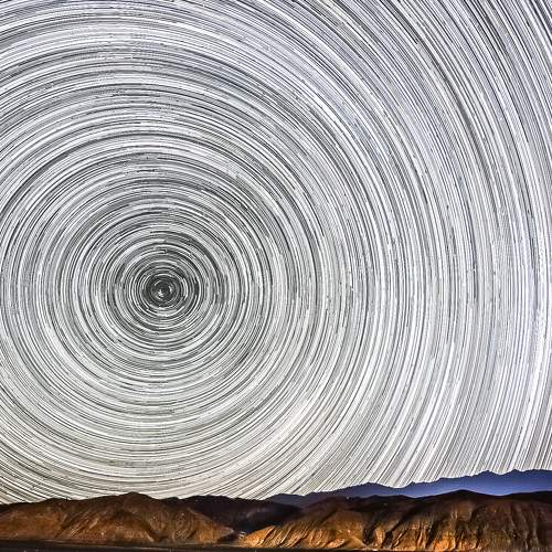 Star trails over mountains in Hanle
