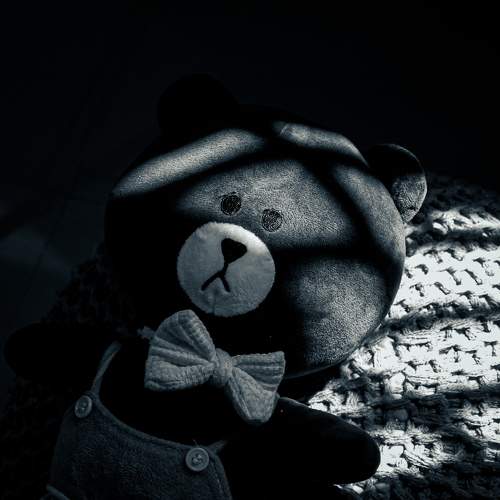a teddy bear sitting on a blanket