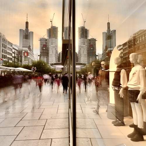 Frankfurt Street Reflection and City Skyline