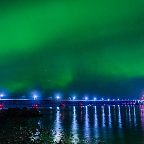 Nothern Lights Spanning Mackinac Bridge, Michigan