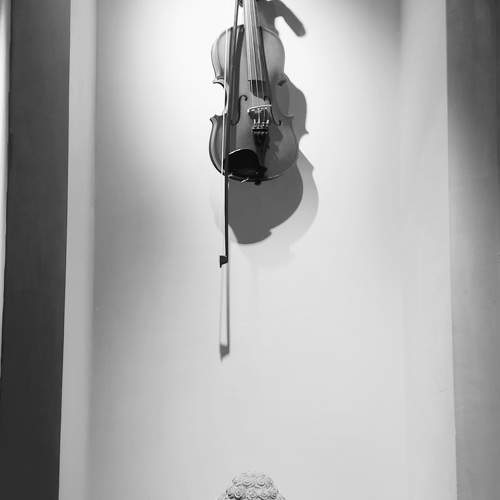 Violin and a sculpture of Gautam Buddha.