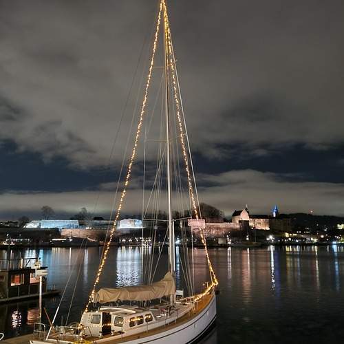 At night on the Oslo waterfront.