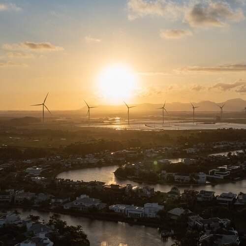 Sunset in wind farm