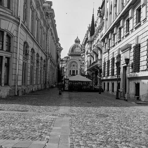 Black and White photography of cobblestone street in Bucharest, Romania