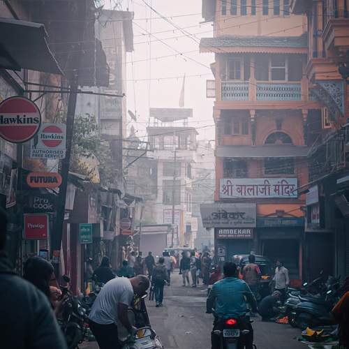 Old market street, winter fog & daily life