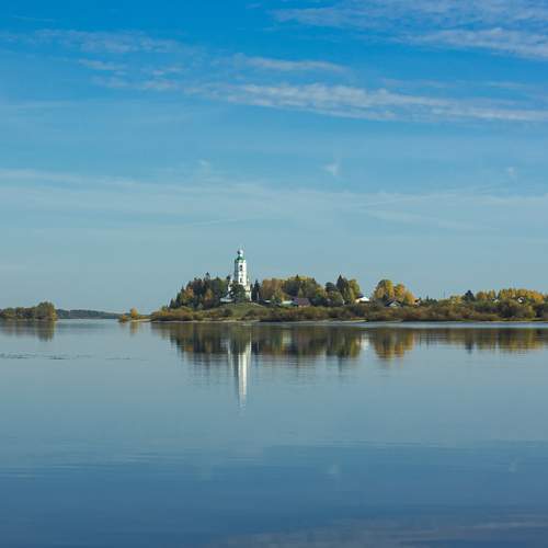 The Church of St. Athanasius the Great on the banks of the Kubena River on a clear autumn day