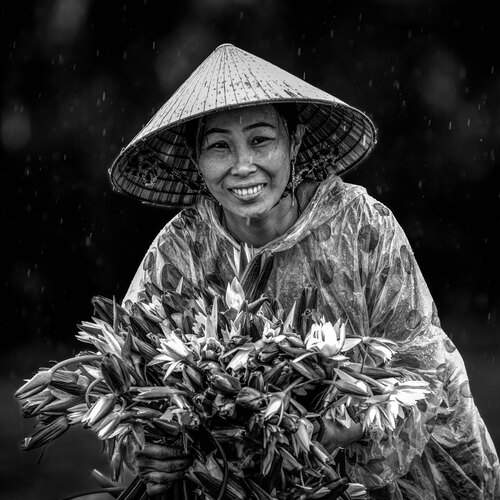 Girl picking water lilies in the rain