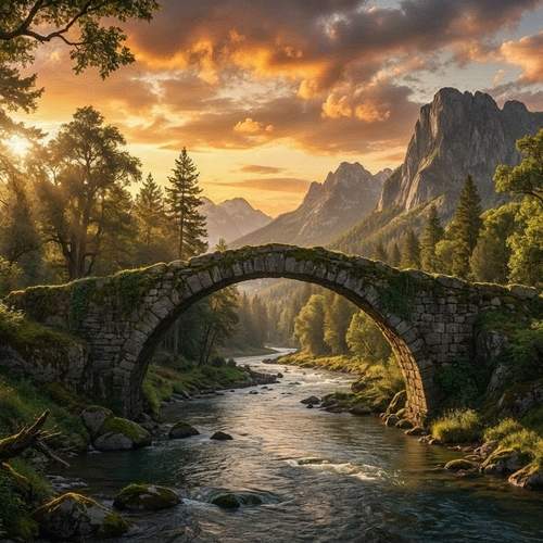 stunning sunset at the bridge in the forest