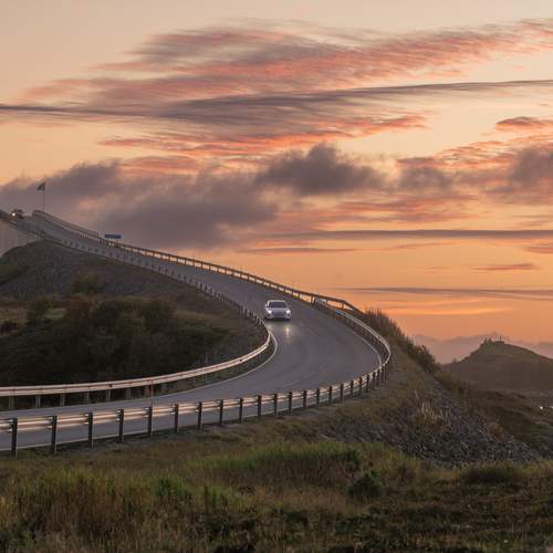 bridge, sunset, autumn, cars, sky