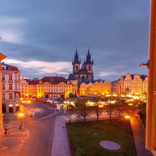 Old Town Square in Prague at dawn.