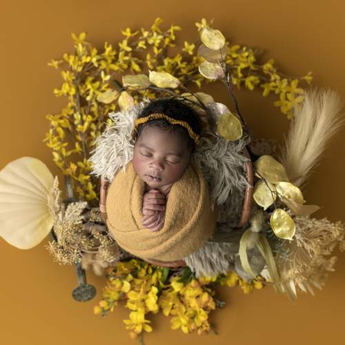 Newborn girl surrounded by yellow flowers