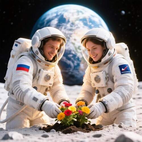 Мужчина и женщина в космических скафандрах, вместе сажают цветы в лунный грунт