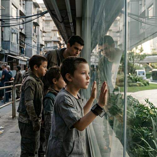 Children at the glass wall of the Core District