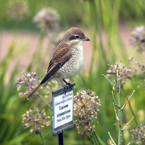 Любознательный жулан-сорокопут. An inquisitive red-basked shrike.