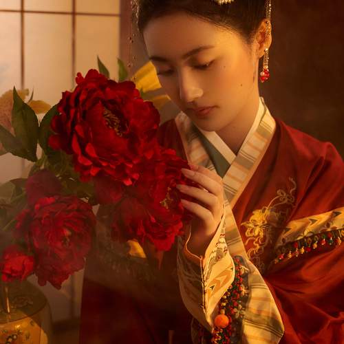 The Lady and the Crimson Peonies