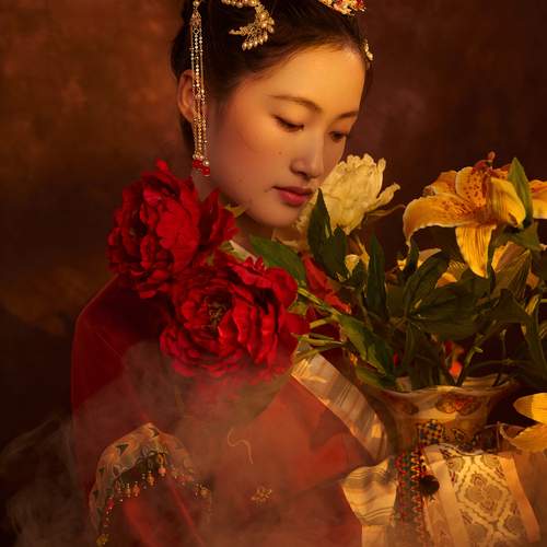 The Lady and the Crimson Peonies