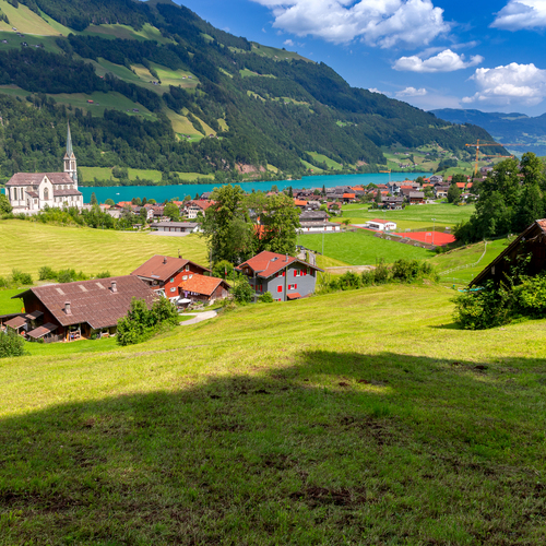 Lungern Village and Lake Surrounded by Swiss Alps