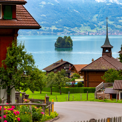 Swiss Village View over Lake Brienz and Iseltwald Island