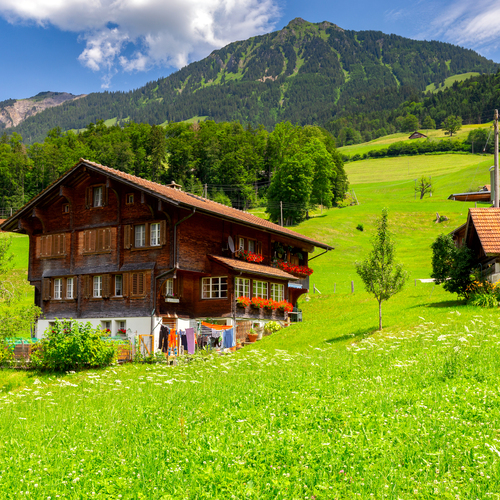 Traditional Swiss Chalet in Lungern Alpine Landscape