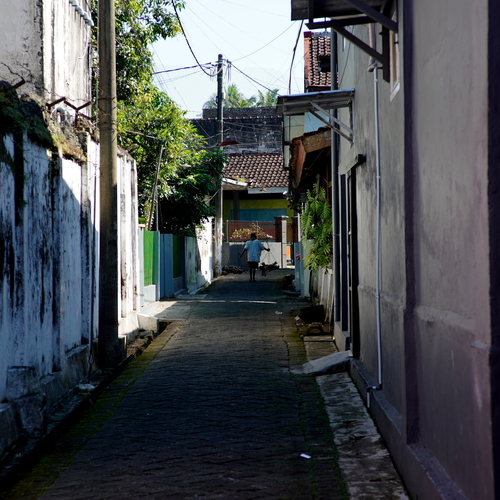 Mobile Street Vendor Walking Through a Traditional Village Alley