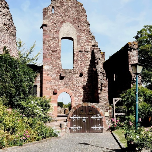 Pathway Through Time: Cobblestone Entrance to Historic Castle Ruins with Roses