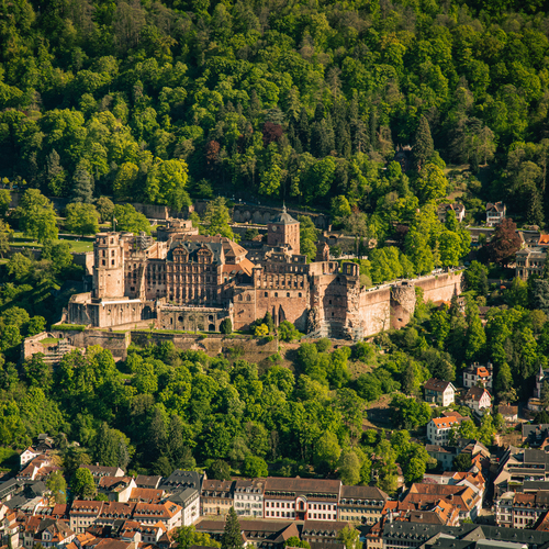 A detailed aerial high angle landscape photo showing historic medieval Heidelberg Castle ruins surrounded by lush green forest hills above old town