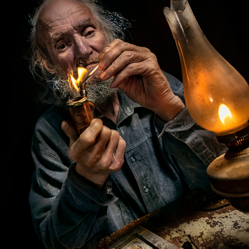 Old man lighting a pipe
