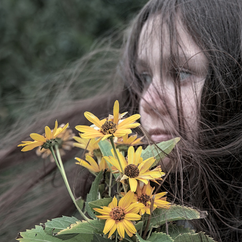 Children\'s portrait with autumn flowers and wind