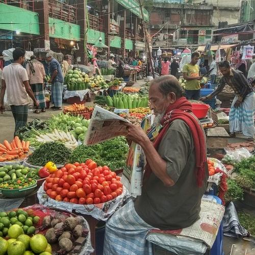 a vegetables shopkeeper reading a newspaper