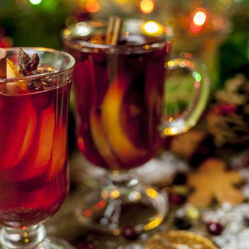 mulled wine on table with Christmas decorations