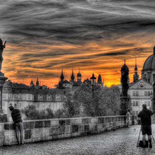 Waiting for sunrise on Charles Bridge
