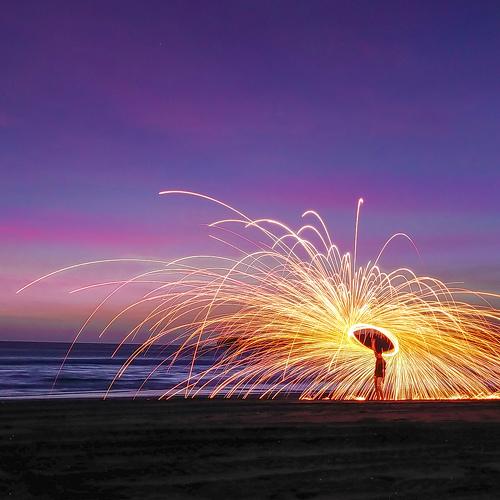 Beauty sunset moment at serang beach with steelwool photography