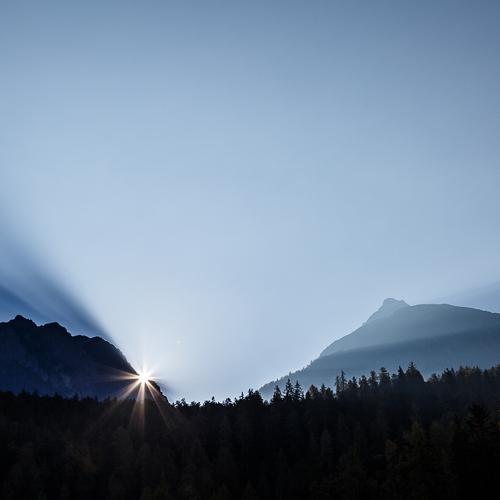 Sunrise in Scuol, swiss mountains