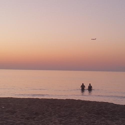 airplane, sunset and people