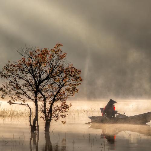 Old man in the early morning fog